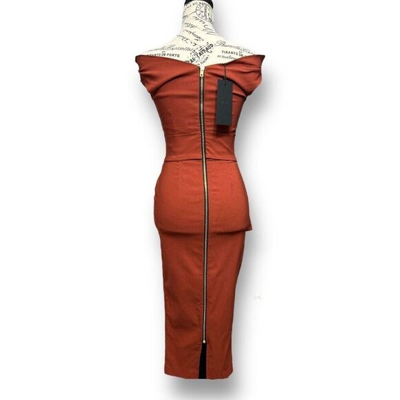 NWT Vesper247 XS Rust Off Shoulder Midi Dress Zip Back Belted Wedding Guest Fall - Picture 4 of 8